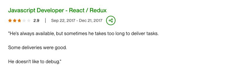 Review of Redux + React developer position, 3 out of 5 positivity. In terms of upwork it means negative