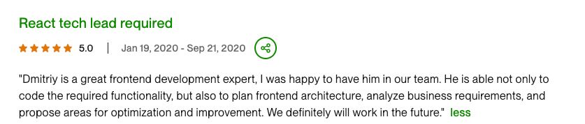 Review of React Tech Lead position, positive
