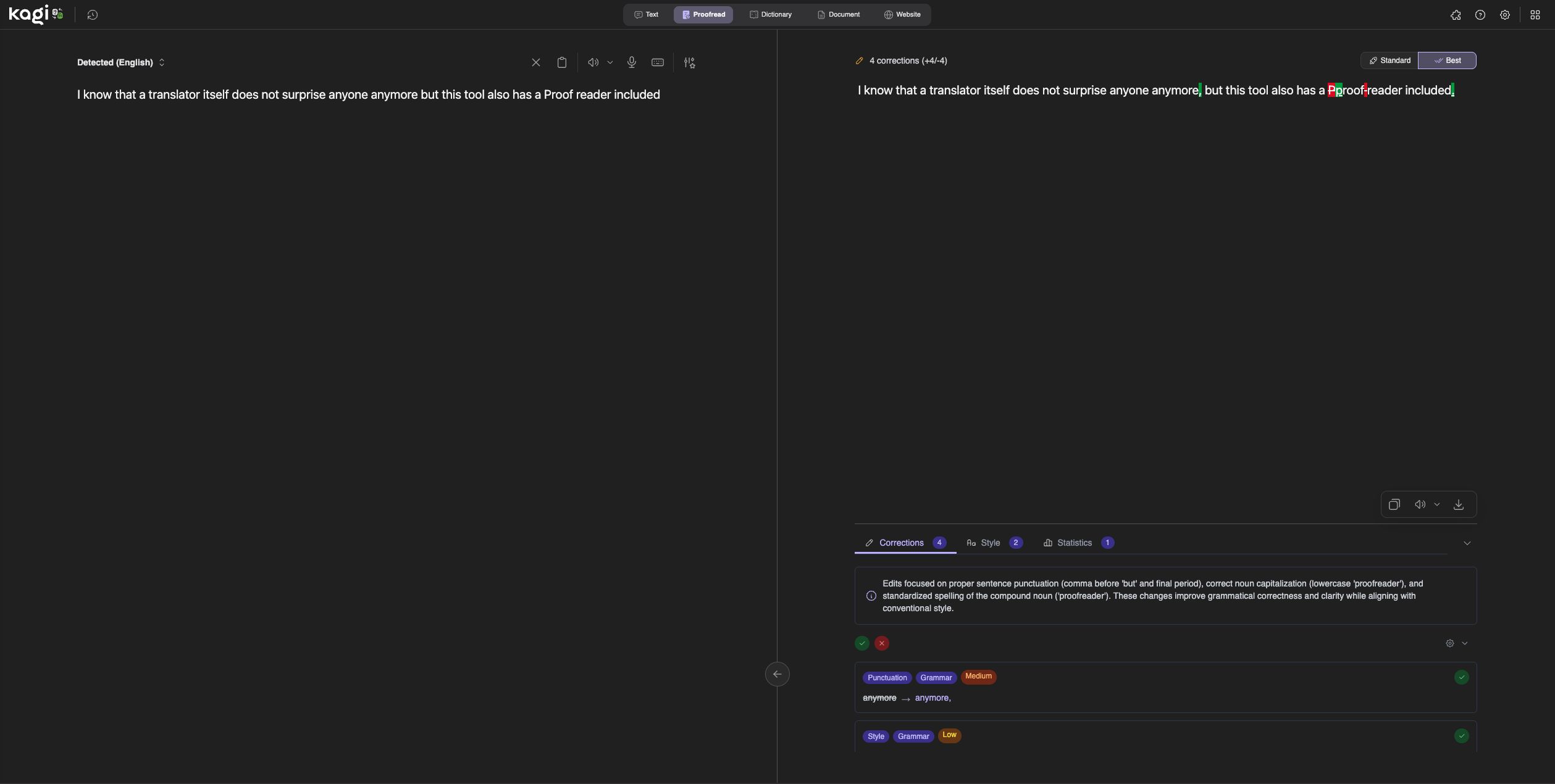 Interface of Kagi's proof-reader