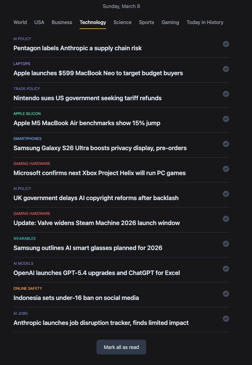 Example of news in a category Technology on 8th of March. Apple launches a new mackbook, Indonesia set's age restriction for social media and some more
