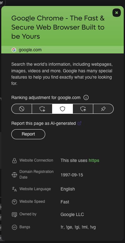A screenshot of an interface of Kagi to rate the website or report it for AI-generated content